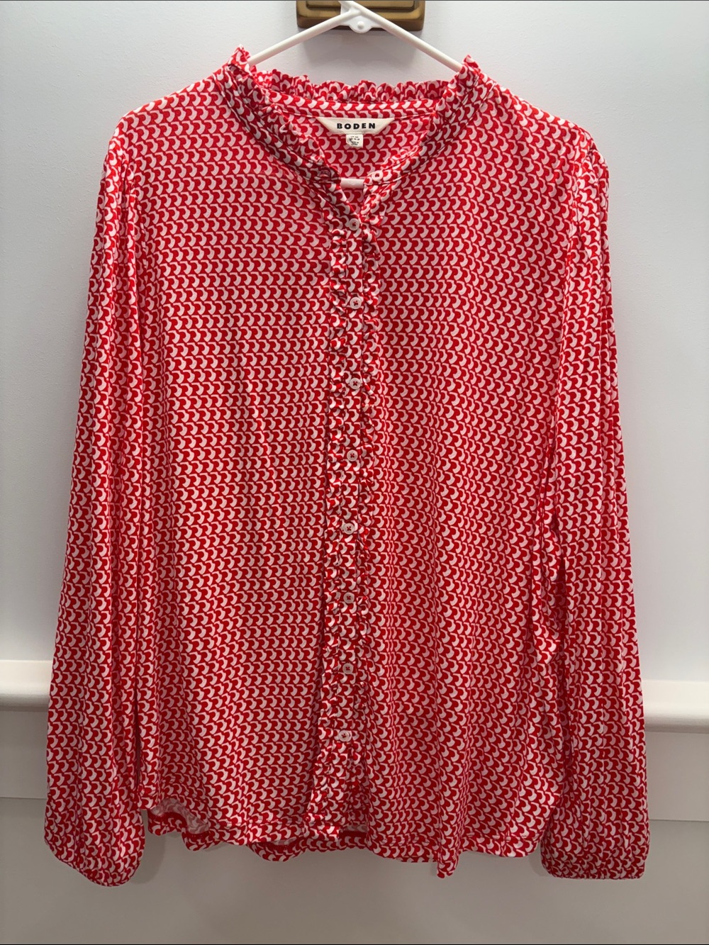 Boden Red and White Printed Ruffle-Trim Button-Down Blouse XL
